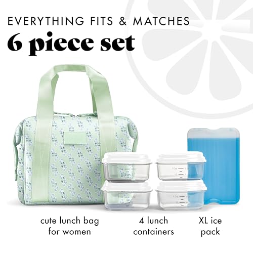 Fit & Fresh Remi Lunch Bag for Women Work – Neoprene Lunch Tote with Containers & Ice Pack, Reusable Meal Prep Lunch Box, Large Capacity, Machine Washable, Sage Flower - color: Sage Flower Block