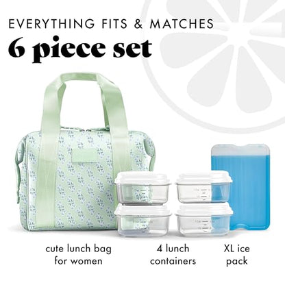 Fit & Fresh Remi Lunch Bag for Women Work – Neoprene Lunch Tote with Containers & Ice Pack, Reusable Meal Prep Lunch Box, Large Capacity, Machine Washable, Sage Flower - color: Sage Flower Block