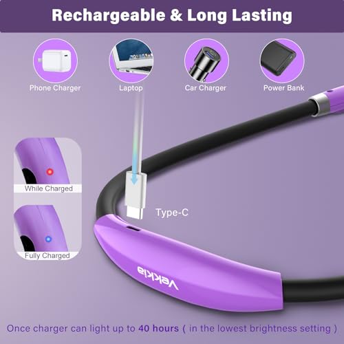 Vekkia Rechargeable LED Neck Reading Light, Book Lights for Reading in Bed, 3 Brightness Levels, Flexible Soft Silicone Arms Comfortable Wear, Long Lasting. Great for Readers, Craft & Knitting - color: Purple