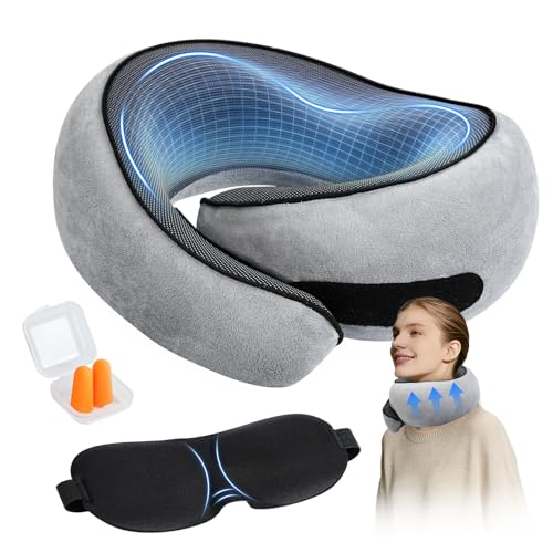 SYNNA Travel Neck Pillow for Airplane & Car, 360° Head and Chin Support, Ergonomic Memory Foam with Silky-Smooth Washable Cover for Flights, Road Trips & Office Naps