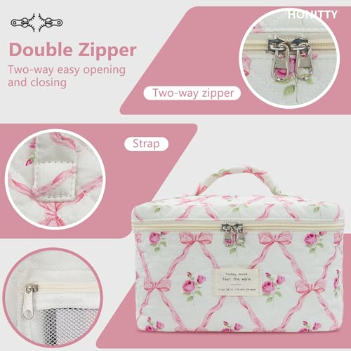 honitty Makeup Bag,Quilted Cosmetic Bag,Large Floral Make Up Bag for Women,Cotton Makeup Bag Set,Flower Travel Toiletry Bag - color: Pink Bow