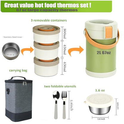 67 oz Audult Hot Food Thermo, Insulated Food Container,2L 3 Layer Insulated Lunch Box Kit Stainless Steel Vacuum Soup Food Thermo Stackable Hot Food Jar Bento Box for Men, Women-Green - color: Green(dark bag）