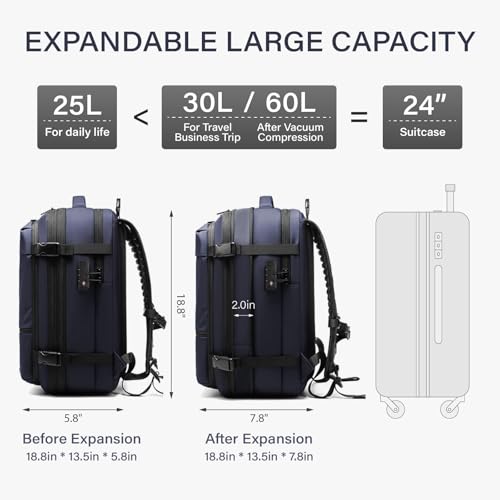 Travel Backpack with Vacuum System,60L Expandable Vacuum Backpack Travel with TSA Lock,17.3 inch Laptop Backpacks Vacpack Backpacks with Vacuum(Blue,Built-in Air Pump) - color: Blue