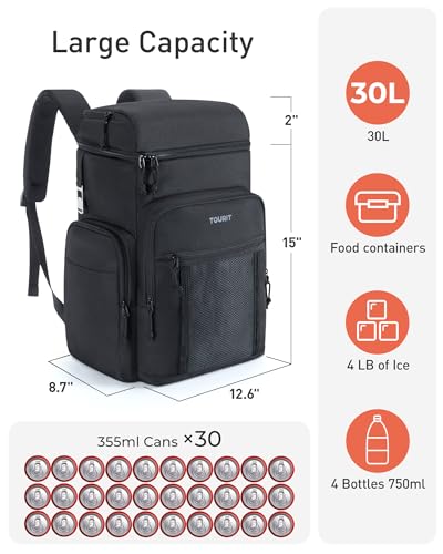 TOURIT Insulated Backpack Cooler: 30 Cans Waterproof Leakproof Soft Cooler Bag Beach Travel Picnic Camping - color: Black, style: 30 Cans 2.0