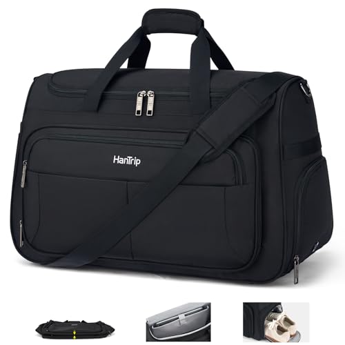 HanTrip Carry on Duffel Bag Foldable Duffle Bags for Travel, Large Personal Item Bags for Airplanes, Weekender Overnight Mens Travel Tote Bag for Women Softside Carry on Luggage (Black) - color: Black, size: Carry-on 21.5-Inch