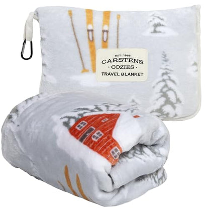 Carstens, Inc. Travel Blanket, Premium Compact 2-in-1 Airplane Blanket/Pillow, Snowy Cabin - color: Snowy Cabin