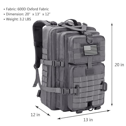 Hannibal Tactical MOLLE Assault Backpack, Tactical Backpack Military Army Camping Rucksack, 3-Day Pack Trip w/USA Flag Patch, D-Rings, Grey - color: Grey