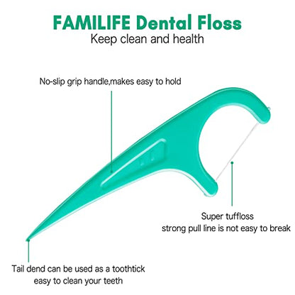 FAMILIFE Floss Picks, 240 Count Mint Dental Floss Cleaner, Tooth Picks Flossers with 4 Travel Handy Cases, Helps to Fight Tooth Decay and Keep Your Teeth Clean, Flossing Sticks for Family - color: Mint 240 Pcs
