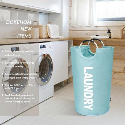 DOKEHOM 90L Large Laundry Basket, Collapsible Laundry Bag, Freestanding Tall Clothes Hamper, Foldable Washing Bin (Light Blue) - color: Light Blue, size: 90L