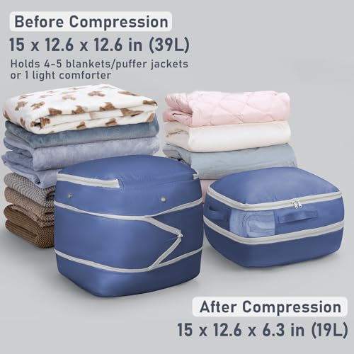 DIMJ Compression Storage Bags 6 Pack - Blanket Storage Bags with Window Zipper, Ultra Space Saving Self Compression Organizer for Puffer Jacket, Bedding, Lightweight Comforter Duvet, Sweater, Sheet - color: Navy Blue, size: 39L x 6 Pack