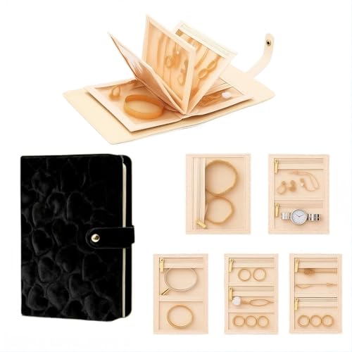 Elegant travel jewelry organizer case - mini jewelry storage book with ring Binder, Perfect gifts for Women, clear velvet zipper pouch for Bracelet, Necklace, earring(Black) - color: Black