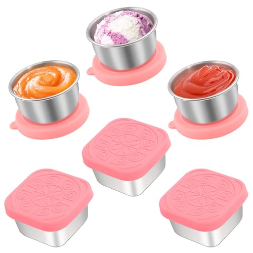 Qukaka 6 PCS Salad Dressing Container to Go,Handy Leakproof Stainless Steel Meal Prep Containers Reusable,Sauce Containers for Lunch Box, Picnics, Travel, Office and Kitchen Storage-1.6oz+2.7oz - color: Coral Pink, size: 1.6oz Round+2.7oz Square