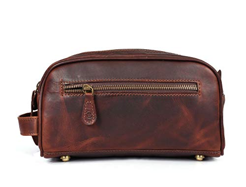 10" Premium Leather Toiletry Travel Pouch With Waterproof Lining Black Color | King-Size Handcrafted Vintage Shaving Kit By Aaron Leather Goods - color: Umber