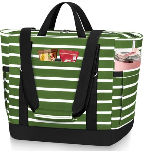 HUANLANG Soft Cooler Bag Insulated for Travel,Large Insulated Grocery Bags with Zippered Top,PEVA Collapsible Food Delivery Cooler Bag for Beach, Travel, Picnics - color: Army green and white stripes
