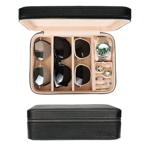 4 Slot Sunglasses Travel Case, Real Leather Eyeglasses Storage Box, DIY Organizer Glasses/Jewelry/Watch Display Case for Women Men (4 slot_Black Leather) - color: 4 slot_Black Leather