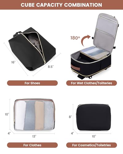 LOVEVOOK Large Travel Backpack for Women, TSA Carry on Backpack for Airplanes, 40L Personal Item Travel Bag for Women fits 17" Laptop,Waterproof Carry on Bag Airplane Approved with 3 Packing Cubes - color: Black - Beige - Brown, size: 40L-4Pcs
