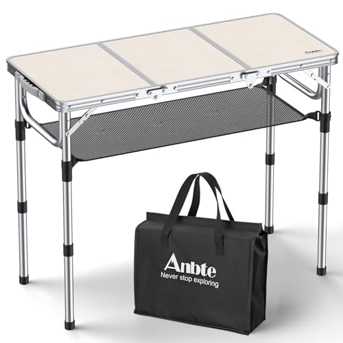 Anbte Folding Camping Table with Storage Net, 3ft Camping Table Aluminum Folding Table with 3 Adjustable Height Max 27.1 Inch, Portable, for Outdoor Backyard BBQ, Silver - color: Silver