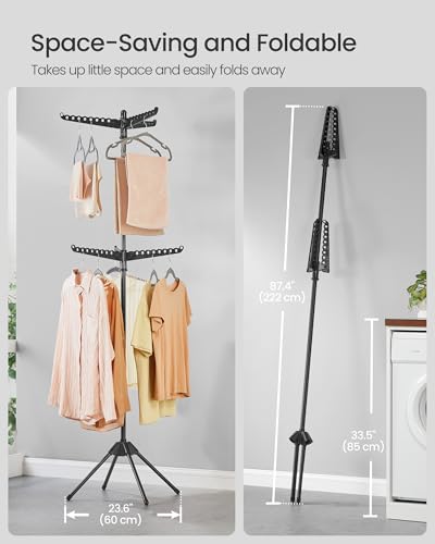 SONGMICS 2-Tier Clothes Drying Rack, 75.2-Inch Folding Laundry Drying Rack with 6 Rotatable Arms for Hangers, Stainless Steel, for 54 Pieces of Clothes, Black ULLR514B01 - color: Black, style: 2-Tier-Hang