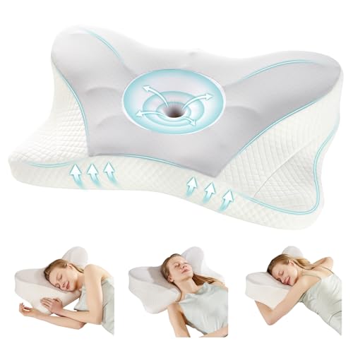 DUMOS Cervical Neck Pillow, Cooling Ergonomic Memory Foam Pillows for Neck Pain Relief with Breathable Pillowcase, Dual Height Orthopedic Support Contour Pillow for Side, Back, Stomach Sleepers, Grey - color: Light Grey, size: King Size 25.98"Lx15.35"Wx5.