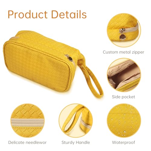 Abiudeng Large Capacity Makeup Bag Ladies Cosmetic Bag Travel Bag with Compartments Portable PU Leather Travel Makeup Bag with Handle - color: Lozenge-Yellow