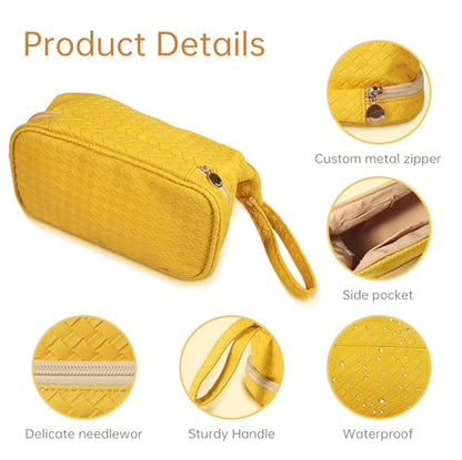 Abiudeng Large Capacity Makeup Bag Ladies Cosmetic Bag Travel Bag with Compartments Portable PU Leather Travel Makeup Bag with Handle - color: Lozenge-Yellow