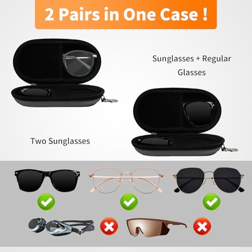 Double Eyeglasses Case, Hard Shell Dual Sunglasses Organizer with Zipper Clip Travel Glasses Storage for Women Men - color: Gray