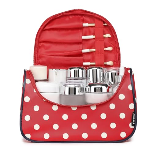 Yeiotsy Travel Cosmetic Bag for Women – Polka Dot Makeup Bag Organizer & Hanging Toiletry Bag - color: Classic Red