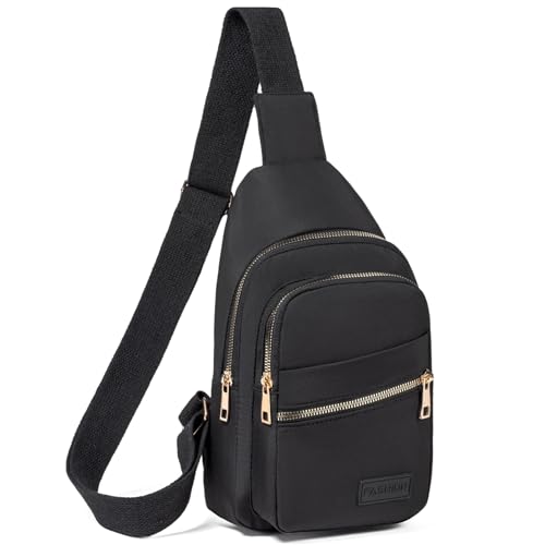 Banelu Small Sling Backpack Crossbody Bags for Women, Small Sling Bag Cross Body Bag Fanny Packs Crossbody Purses - Gold Zipper - color: K Black