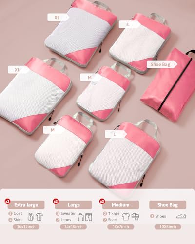 Meowoo 7 Set Compression Packing Cubes for Travel, Durable Ripstop Mesh Suitcase Organizer with Shoe Bag, Ultralight & Expandable Space Saver Travel Cubes - color: Pink