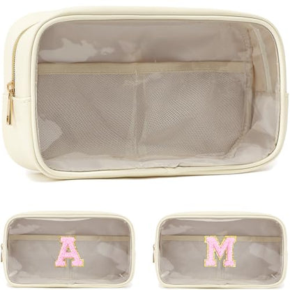 Fammart Clear Makeup Bag with 2 Customizable Chenille Letters - Waterproof PU Leather Cosmetic Case, Large Personalized Toiletry Pouch for Women & Teens, Ideal for Travel & Gift - color: Clear, Large - Beige