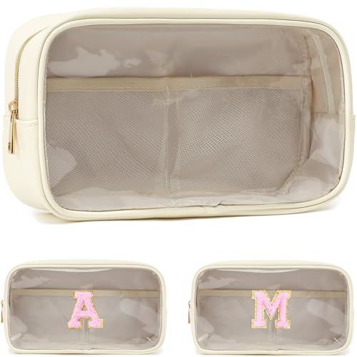 Fammart Clear Makeup Bag with 2 Customizable Chenille Letters - Waterproof PU Leather Cosmetic Case, Large Personalized Toiletry Pouch for Women & Teens, Ideal for Travel & Gift - color: Clear, Large - Beige