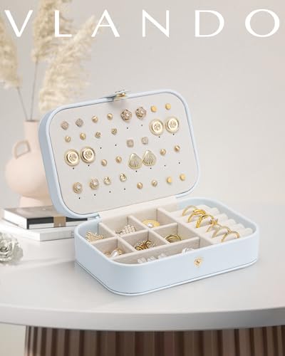 VLANDO Travel Jewelry Case, PU Leather Travel Jewelry Box with Earring Holder, Portable Display Mini Jewelry Case for Mothers Day Women Girls Gift - Blue - color: D.Blue