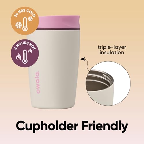 Owala SmoothSip Slider Insulated Stainless Steel Coffee Tumbler, Reusable Iced Coffee Cup, Hot Coffee Travel Mug, BPA Free 12 oz, Pink/Tan (Daybreak) - color: Daybreak, size: 12 Ounces
