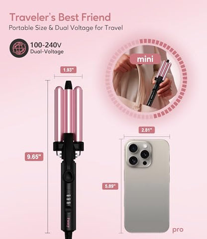 Farery Mini 3 Barrel Hair Waver, Pink | Portable Beach Wave Curling Iron, 1/2 Inch Ceramic Crimper, 3 Temp Settings & 30s Fast Heating, Dual Voltage Travel - style: Digital temp(Rose pink)