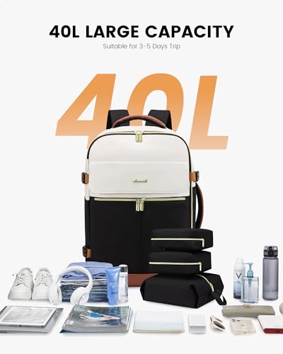 LOVEVOOK Travel Backpack for Women, TSA Carry On Backpack Flight Approved Luggage, 40L Water Resistant Personal Item Daypack Large Weekender Bag fit 17 inch Laptop with 3 Cubes, Beige-black-brown - color: Beige-black-brown, size: 40L-17.3 Inch-4Pcs