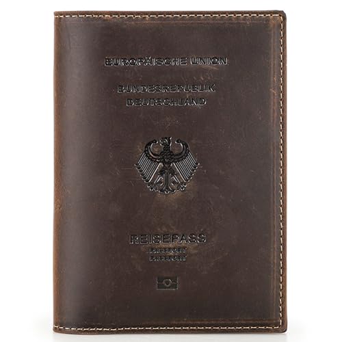 Top Grain Leather Single Travel Passport Wallet Embossing Badge for Unisex, Folio Design for Passport & Multi Cards, RFID Blocking for Passport/Cards/Checks/Bills/AirTag, Coffee Default, DE - color: 【DE】Germany Cover-Default Coffee, size: Badge Embossed C