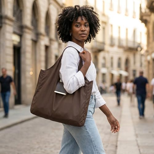 Foldable & Reusable Mini Handbag with Key Ring - Expandable Tote for Daily Errands and Travel - color: Khaki