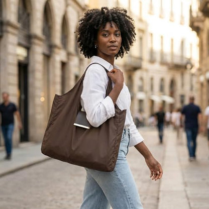 Foldable & Reusable Mini Handbag with Key Ring - Expandable Tote for Daily Errands and Travel - color: Khaki