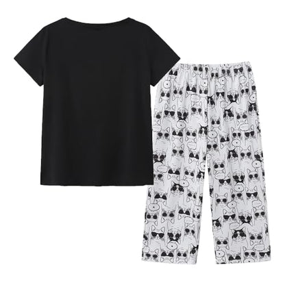 HONG HUI Women's Capri Pajama Sets Plus Size Sleepwear Top with Capri Pants 2 Piece Sleep Set - color: Cat-black, size: Large