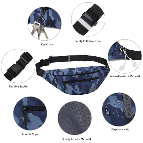 MAXTOP Large Crossbody Fanny Pack with 4-Zipper Pockets,Gifts for Enjoy Sports Festival Workout Traveling Running Casual Hands-Free Wallets Waist Pack Phone Bag Carrying All Phones - color: Camo Gray Blue, style: Large Fanny Pack(4 Zipper Pockets)