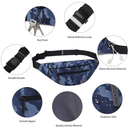 MAXTOP Large Crossbody Fanny Pack with 4-Zipper Pockets,Gifts for Enjoy Sports Festival Workout Traveling Running Casual Hands-Free Wallets Waist Pack Phone Bag Carrying All Phones - color: Camo Gray Blue, style: Large Fanny Pack(4 Zipper Pockets)
