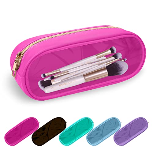 UIXIZQ Clear Small Pencil Pouch Makeup Bag for Purse,Nylon&PVC Pencil Case Waterproof Makeup Brush Holder with Zipper,Preppy Transparent Pen Bag Travel Cosmetic Bag for Women Office(Slim-Hot Pink) - color: Bubblegum-Clear, size: Slim