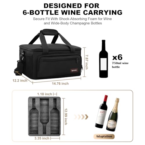 6 Bottles Wine Bag for Travel, Wine Suitcase with Double-Layer Shock-Absorbing Foam, Protective Carrier for Airplane Travel, 6 Bottles Carrying Bag for Travel & Camping, Holidays Gift for Wine Lovers