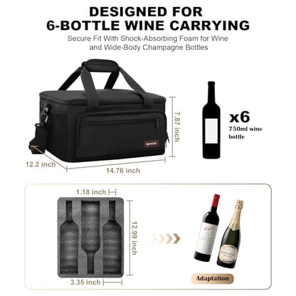 6 Bottles Wine Bag for Travel, Wine Suitcase with Double-Layer Shock-Absorbing Foam, Protective Carrier for Airplane Travel, 6 Bottles Carrying Bag for Travel & Camping, Holidays Gift for Wine Lovers