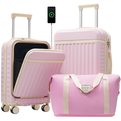 Merax Luggage Sets Front Opening, 2 Piece Hardshell Suitcase with Spinner Wheels and Bags,Lightweight Carry on Luggage with USB Port,20+24,Pink - color: Pink, size: 2 Piece(20+24+Bag）