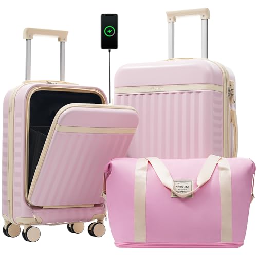 Merax Luggage Sets Front Opening, 2 Piece Hardshell Suitcase with Spinner Wheels and Bags,Lightweight Carry on Luggage with USB Port,20+24,Pink - color: Pink, size: 2 Piece(20+24+Bag）