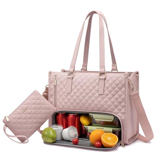 LOVEVOOK Lunch Tote Bag for Women, 15.6 Inch Laptop Bag with Insulated Lunch Compartment, Quilted Large Capacity Computer Handbag with Purse for Business, Work, Nurse, Office, Collage, Casual - color: Pink, size: 15.6 Inch