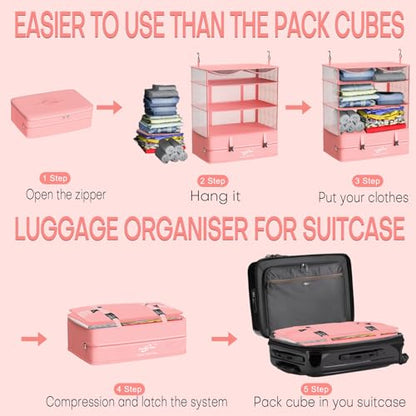 Compressible Packing Cubes Portable Hanging Closet Shelves 17"x12"x24" Extendable Travel Organizer Nylon Packing Bags for Suitcase - color: Pink