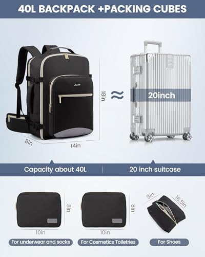 LOVEVOOK 40L Travel Backpack with Waist Strap,Flight Approved Carry on Backpack,Waterproof Personal Item Travel Bag,TSA Carry on Luggage Suitcase Travel Essentials,Gifts for Women & Men,fit 17" Laptop - color: Black-grey, size: Large-40L-4Pcs(Waist Strap)