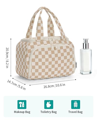 Narwey Checkered Travel Toiletry Bag for Women Large Makeup Bag, Wide-open Cosmetic Make Up Organizer with Handle, Travel Bag for Toiletries, Essentials, Accessories (Light Brown Checkerboard) - color: Light Brown Checkerboard
